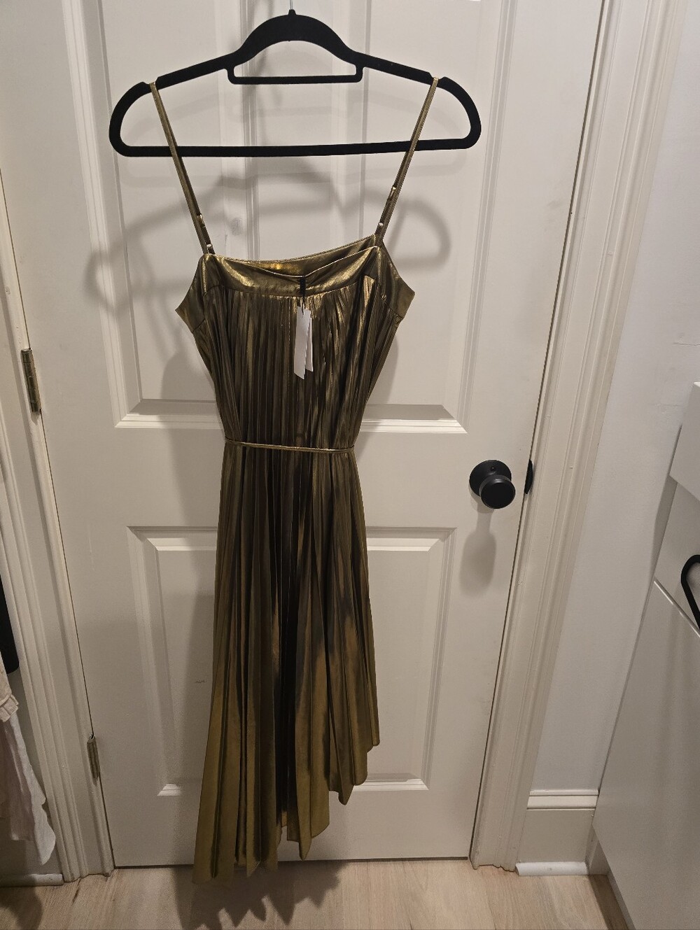 Milly Metallic Gold Pleated Spaghetti-Strap Dress